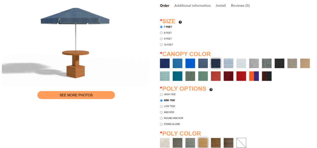 Screenshot of the Laporte Coolshade Umbrella order page - complete with customizer tool using my renders