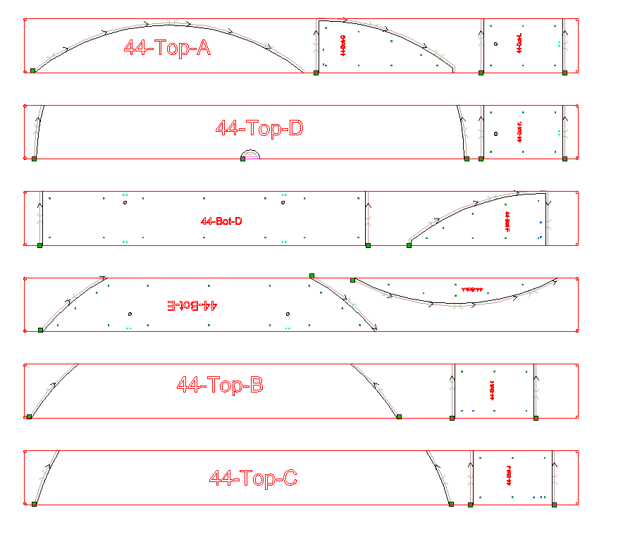 A screenshot of VCARVE, showing some toolpaths created to cut the pieces of the 44 inch tabletop